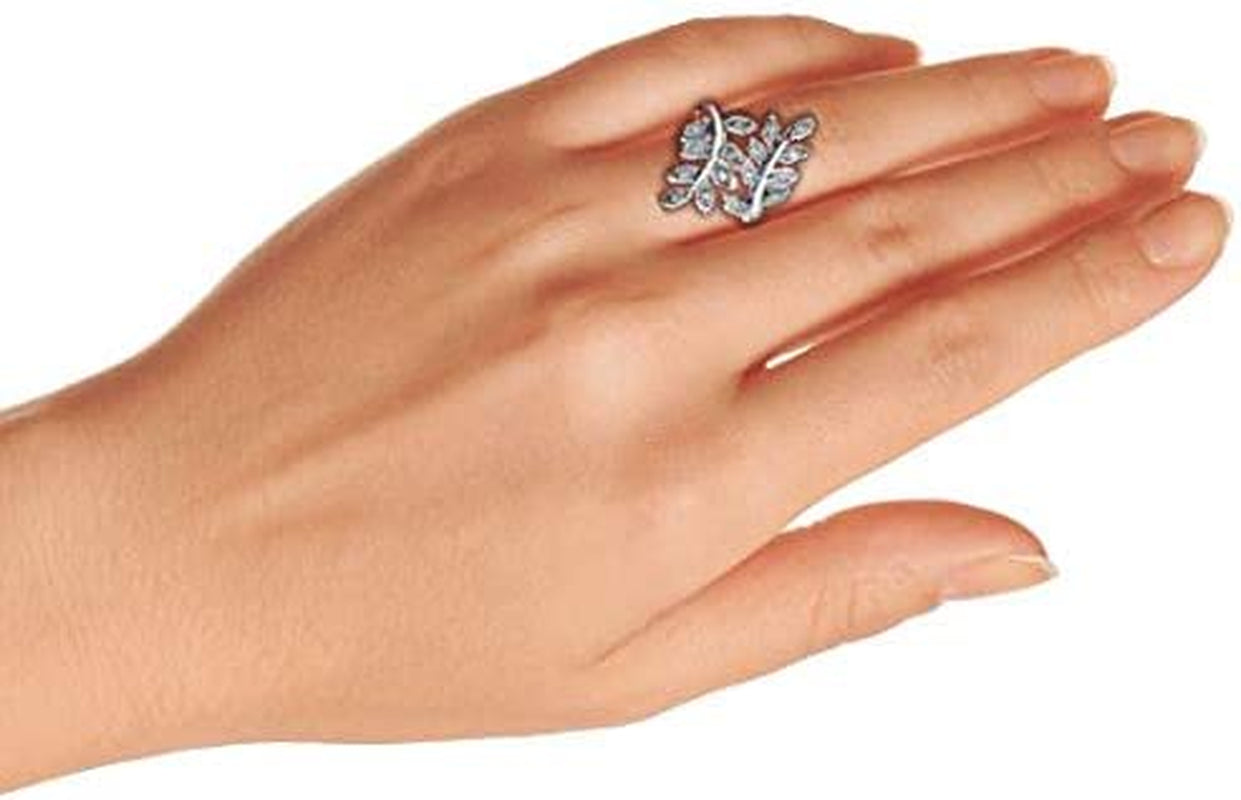 "Enchanting Ivy Vine Leaf Ring: Sparkling CZ Stones, Silver Plated Brass, and Fashion Forward Design for Women"