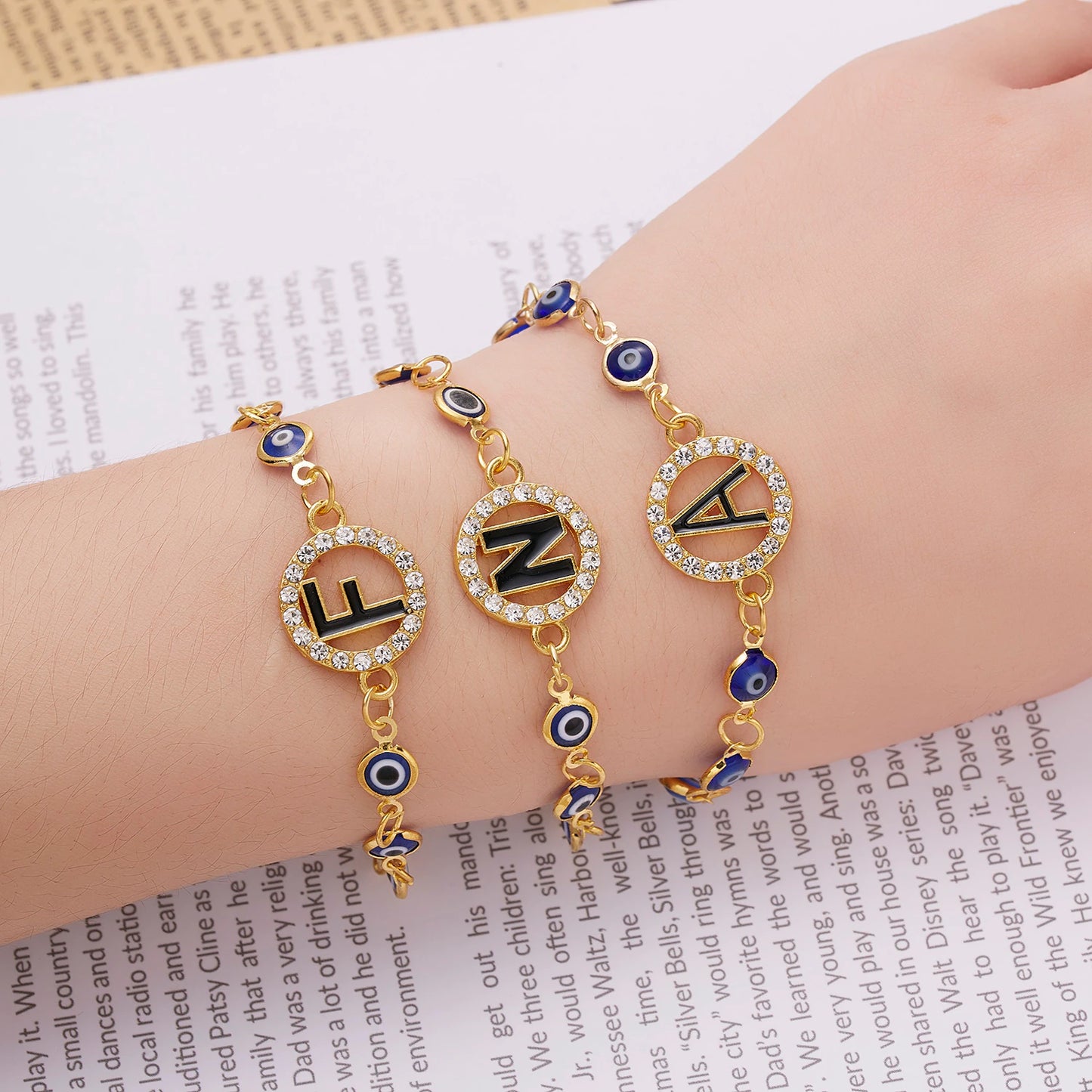 "Sparkling Alphabet Rhinestone Bracelet - Personalized Evil Eye Beads Chain Bracelet for Women, Perfect for Parties and Weddings!"