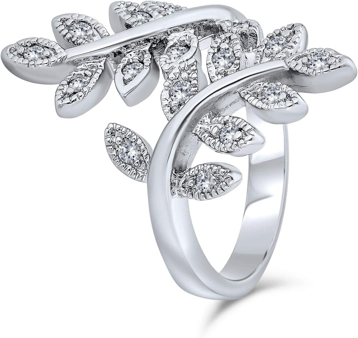 "Enchanting Ivy Vine Leaf Ring: Sparkling CZ Stones, Silver Plated Brass, and Fashion Forward Design for Women"