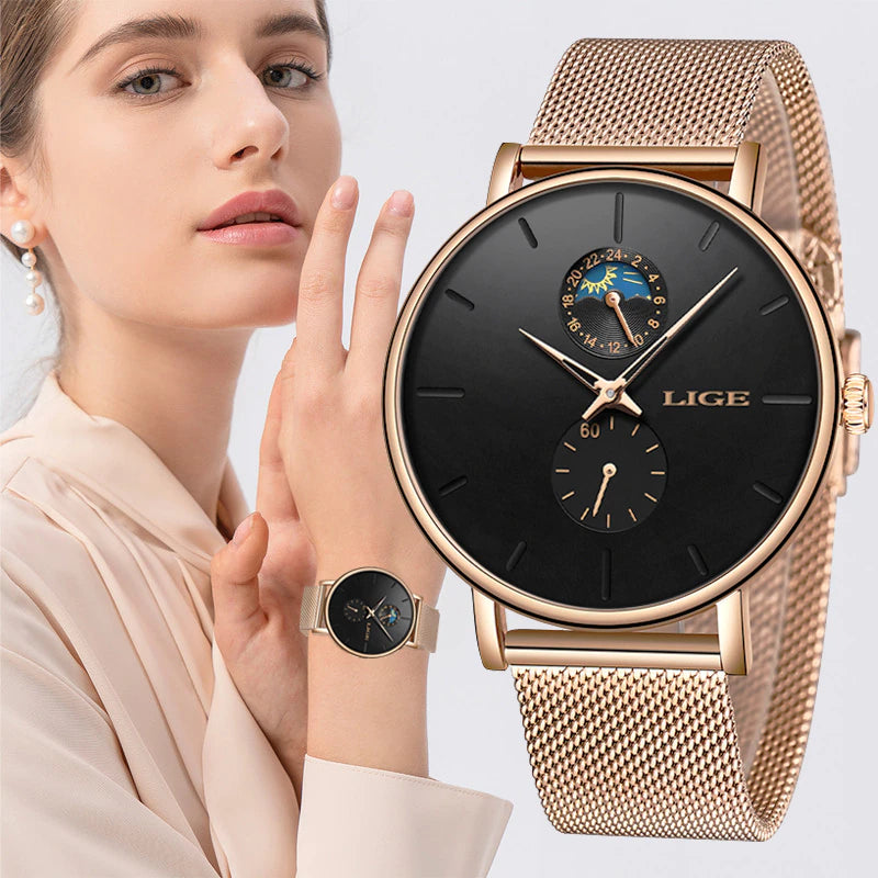 "LIGE Women'S Luxury Waterproof Watch - Stylish Stainless Steel Ultra-Thin Wristwatch for Fashionable Ladies - Quartz Movement for a Timeless Appeal"