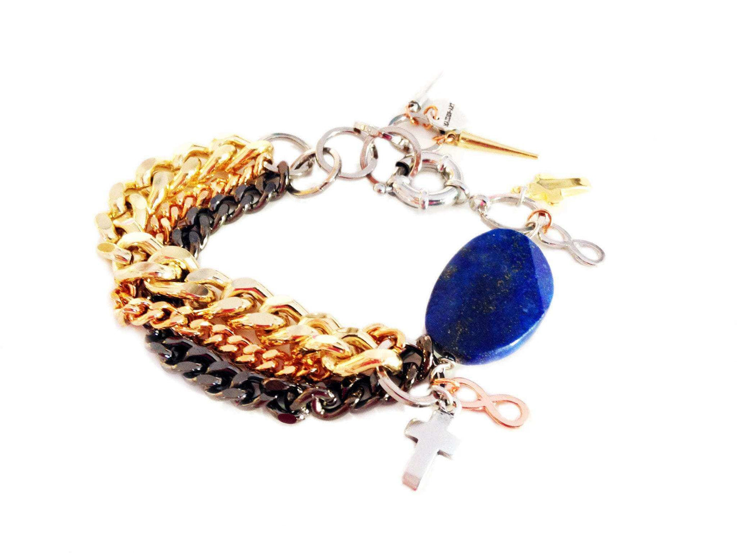 "Luxurious Lapis Lazuli Cuff Bracelet: Handcrafted with Gold Chains, Rhinestones, and Charms. Elevate Your Style with This Trendy and Chic Jewelry Piece!"