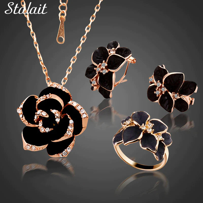 "Exquisite Rose Flower Enamel Jewelry Set - Elegant Rose Gold Color, Perfect for Brides - Trendy Wedding Jewelry Set for Women - Top Selling Product of 2022"