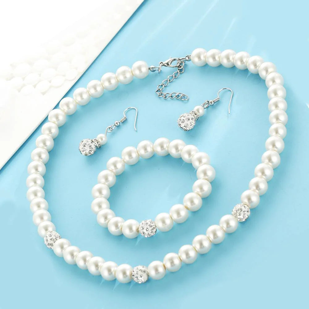 "Exquisite 3 Piece Pearl and Shamballa Jewelry Set with Crystals - Luxurious 18K White Gold Plated Set Inspired by ITALY Design"