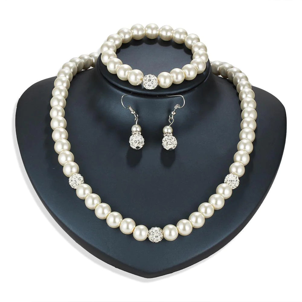 "Exquisite 3 Piece Pearl and Shamballa Jewelry Set with Crystals - Luxurious 18K White Gold Plated Set Inspired by ITALY Design"