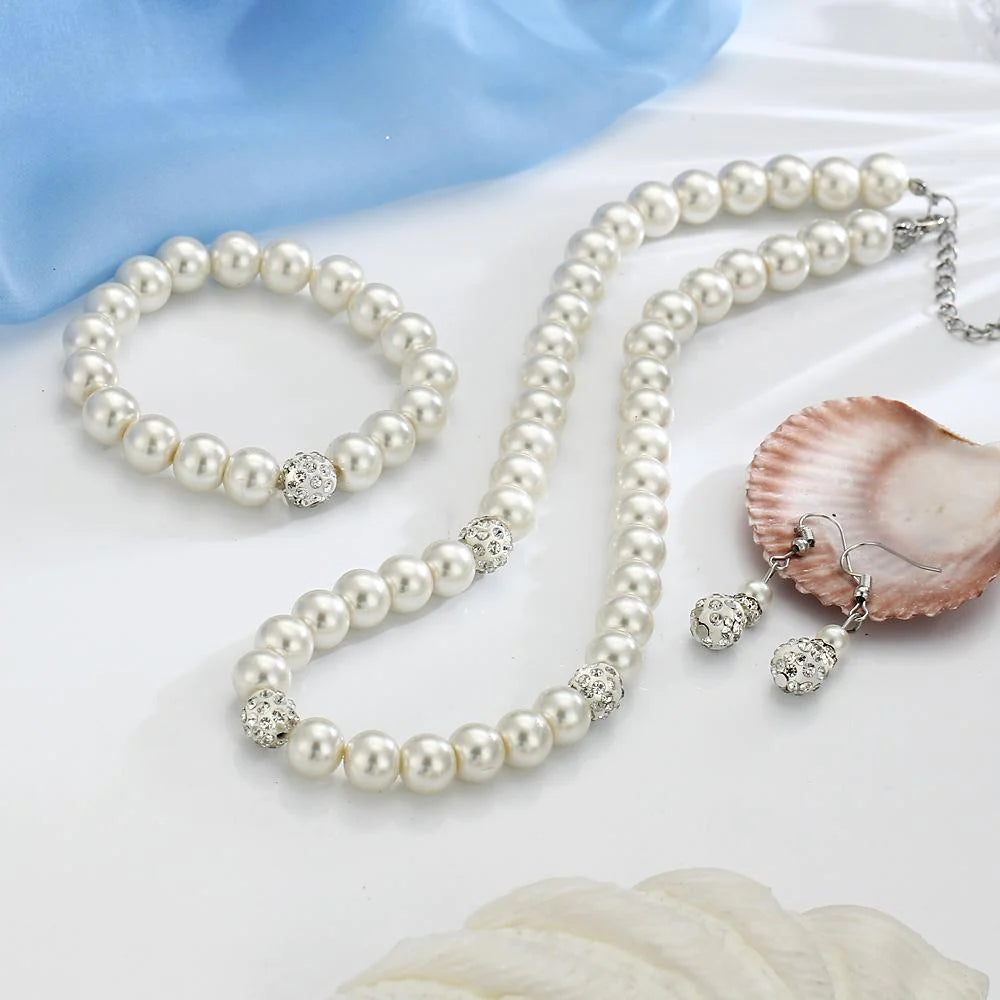 "Exquisite 3 Piece Pearl and Shamballa Jewelry Set with Crystals - Luxurious 18K White Gold Plated Set Inspired by ITALY Design"