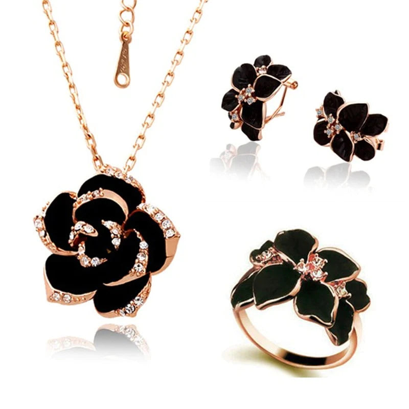 "Exquisite Rose Flower Enamel Jewelry Set - Elegant Rose Gold Color, Perfect for Brides - Trendy Wedding Jewelry Set for Women - Top Selling Product of 2022"