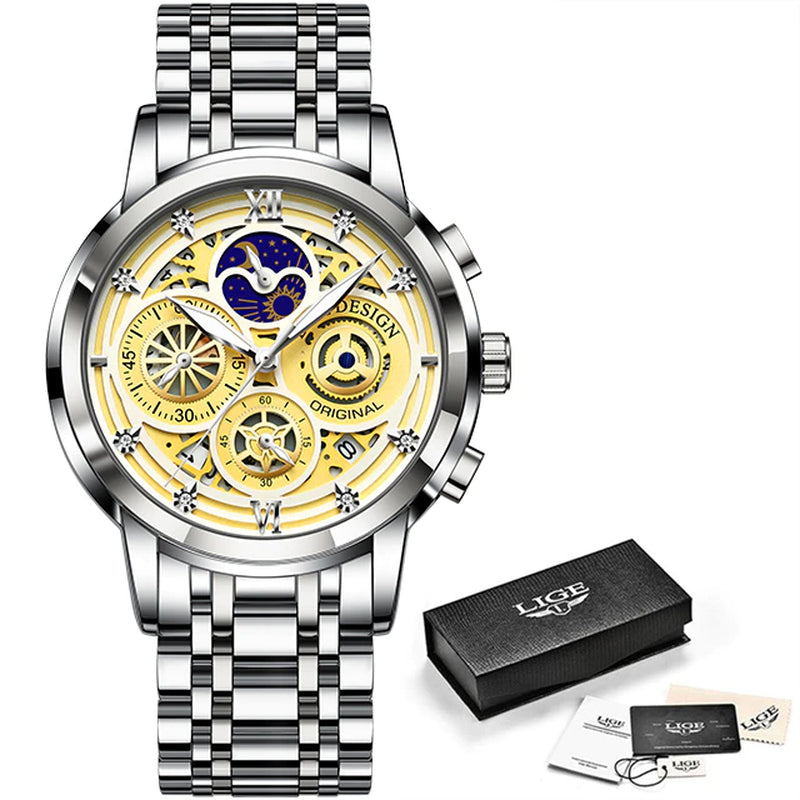 "Ultimate Luxury: LIGE Chronograph Men'S Stainless Steel Wristwatch - Waterproof, Hollow Design, Large Dial, Auto Date - Complete with Box!"