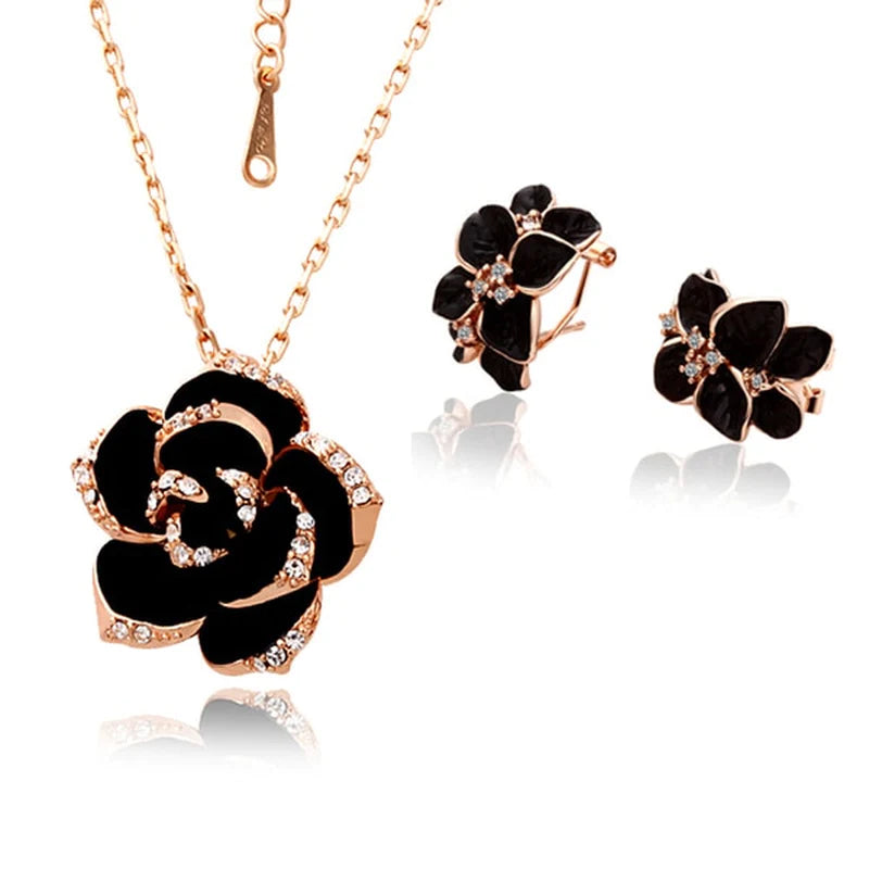 "Exquisite Rose Flower Enamel Jewelry Set - Elegant Rose Gold Color, Perfect for Brides - Trendy Wedding Jewelry Set for Women - Top Selling Product of 2022"