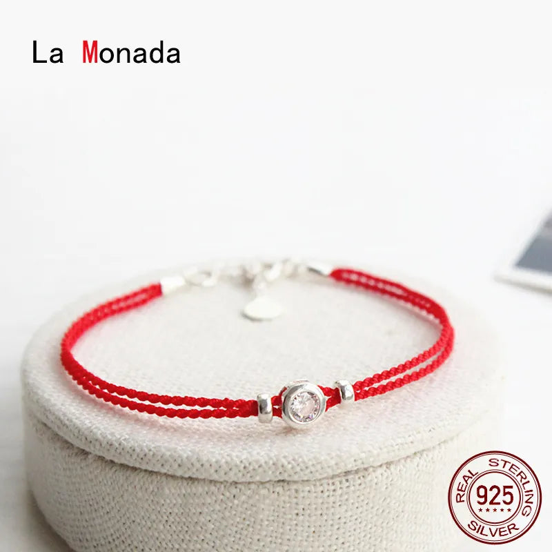 "Red Thread of Love: Exquisite 925 Sterling Silver Couple Bracelets with Double Red String - Perfect Jewelry for Women"