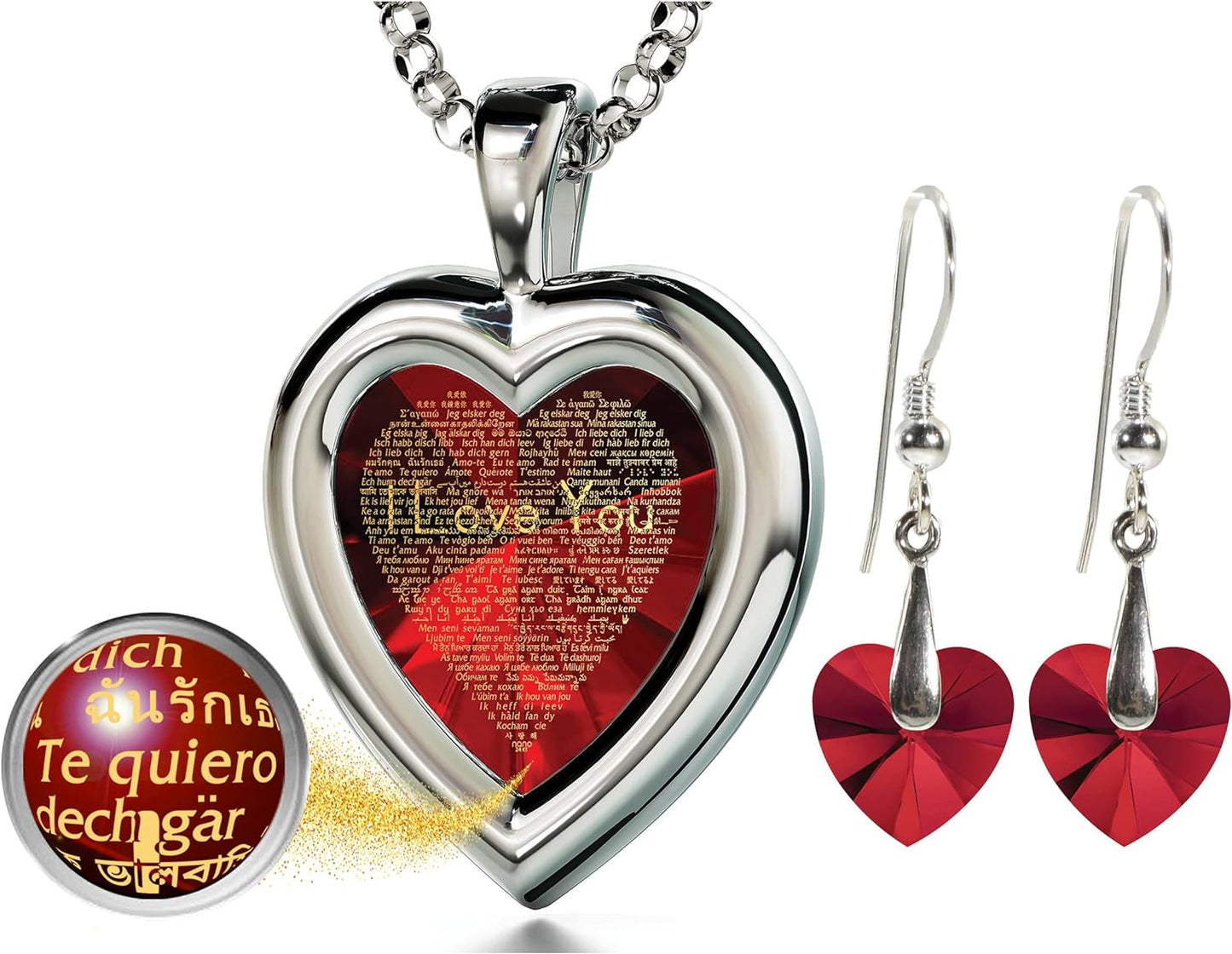 "Express Your Love with Our Exquisite 925 Sterling Silver Jewelry Set - I Love You Necklace in 120 Languages, Adorned with Pure Gold Inscriptions on a Stunning Heart Pendant and Sparkling Crystal Earrings, 18 Inches"