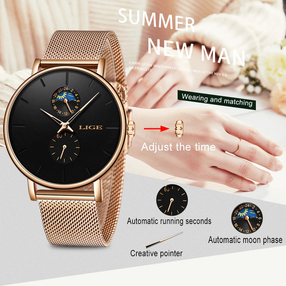 "LIGE Women'S Luxury Waterproof Watch - Stylish Stainless Steel Ultra-Thin Wristwatch for Fashionable Ladies - Quartz Movement for a Timeless Appeal"