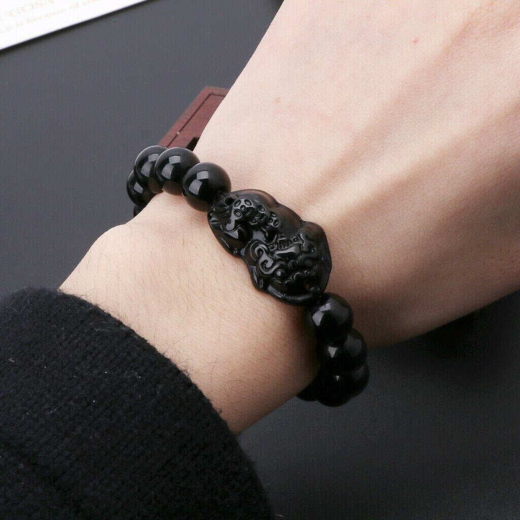 "Luxurious Natural Obsidian Stone Bracelet for Wealth and Good Luck - Chinese Feng Shui Pi Xiu Wristband in Gold Color - Perfect for Men and Women"