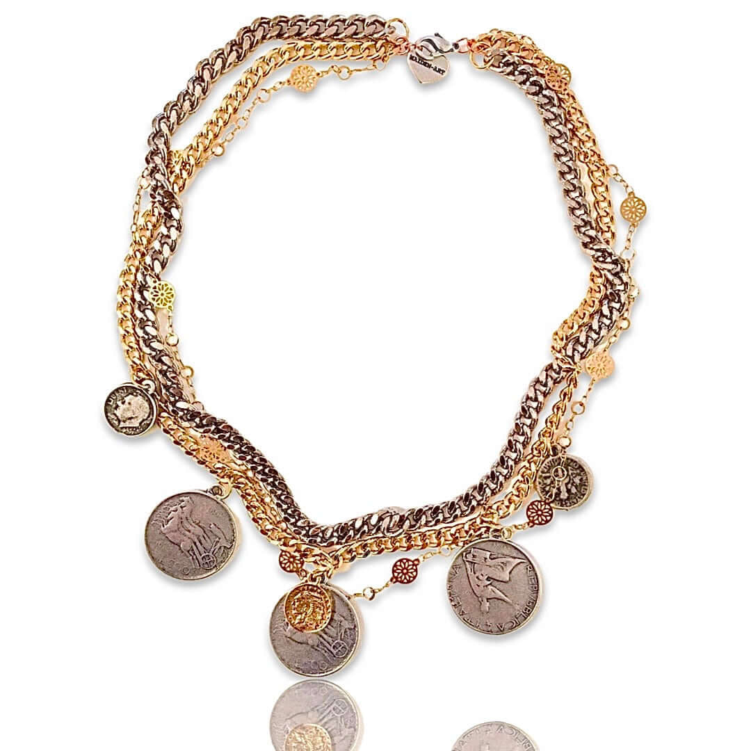 "Chic and Timeless Coin Layered Necklace - a Stunning Blend of Gold and Silver for the Perfect Coin Jewelry Look!"