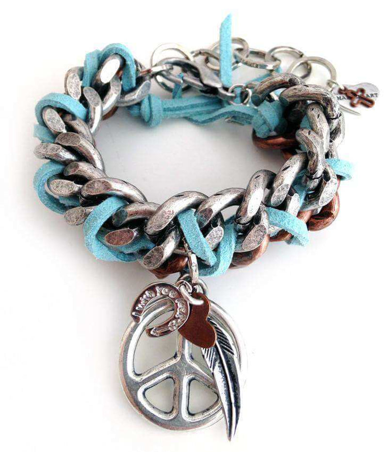 "Boho Chic Cuff Bracelet: Peace Symbol, Feathers, Hearts and Swarovski Crystals. Available in 6 Vibrant Colors!"