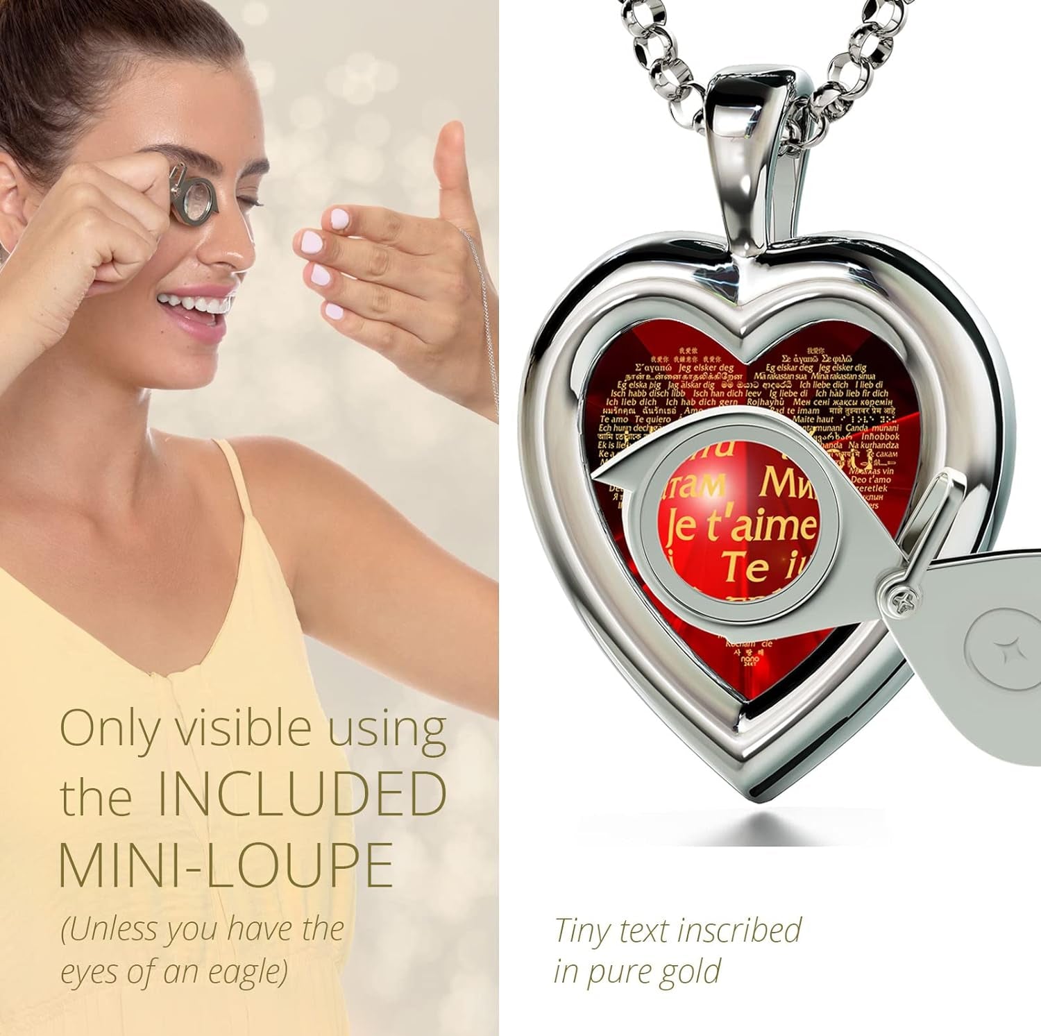 "Express Your Love with Our Exquisite 925 Sterling Silver Jewelry Set - I Love You Necklace in 120 Languages, Adorned with Pure Gold Inscriptions on a Stunning Heart Pendant and Sparkling Crystal Earrings, 18 Inches"