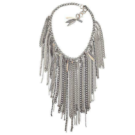 "Exquisite Chain Fringe Necklace with Antique Silver and Brass Chains, Studs, Rhinestone Crystals, and Charms - a Must-Have for Fashionistas!"