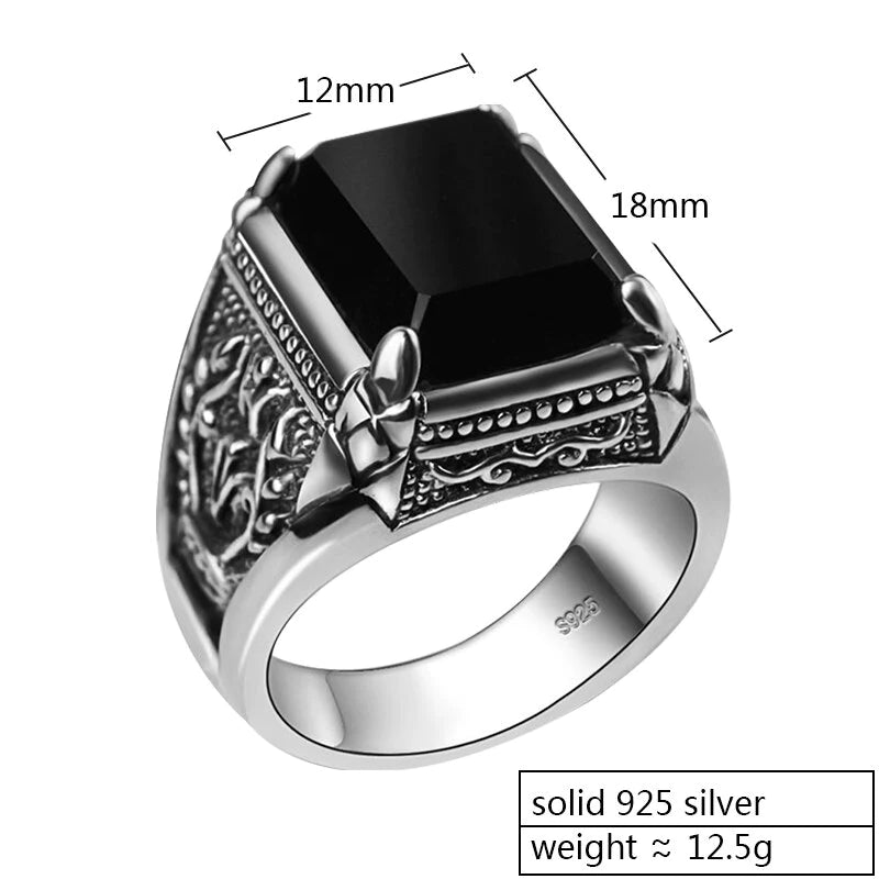 "Exquisite 925 Silver Black Zircon Ring - Elegant Unisex Thai Silver Jewelry with Engraved Flower Design and Synthetic Onyx"