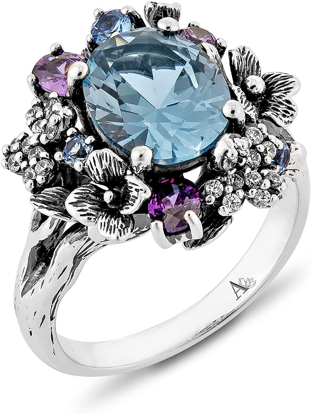 "Exquisite Women'S Sterling Silver Floral Ring with Vibrant Multi Gemstones"