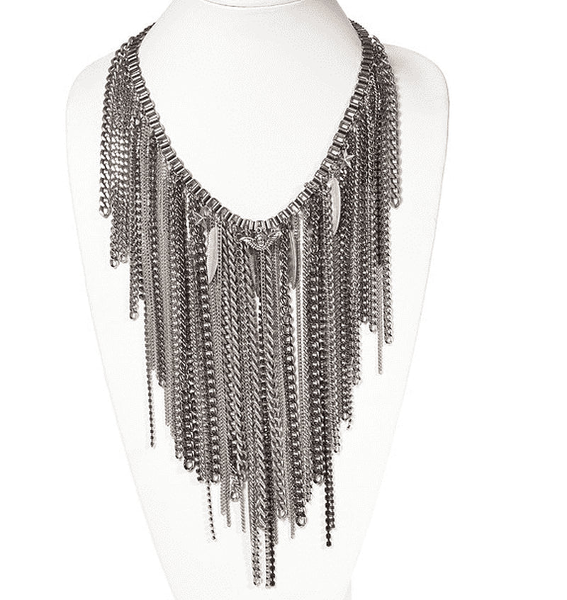 "Exquisite Chain Fringe Necklace with Antique Silver and Brass Chains, Studs, Rhinestone Crystals, and Charms - a Must-Have for Fashionistas!"