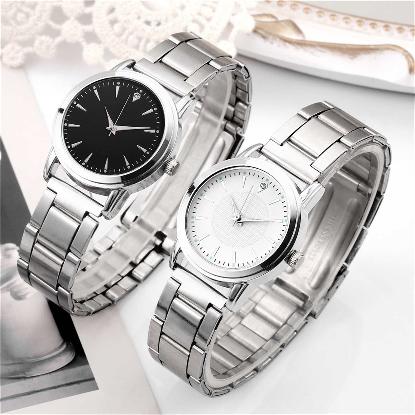 "Stylish Stainless Steel Quartz Watch Set for Women - Elegant Rhinestone Dial with Bracelet - Perfect for Casual and Formal Wear"