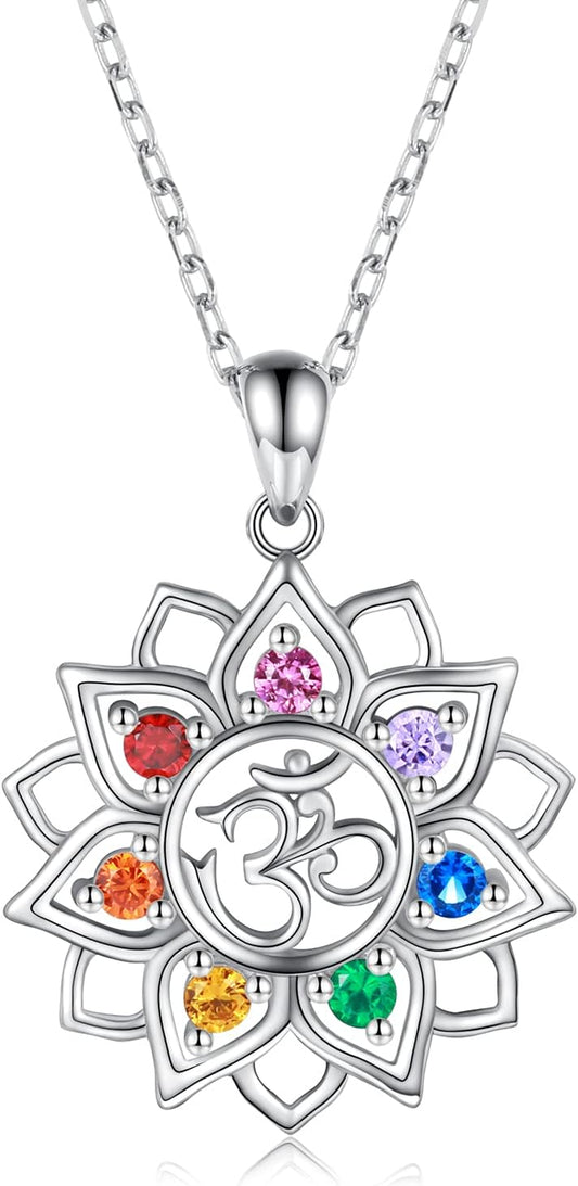 "Sacred Chakra Yoga Lotus Necklace: Sterling Silver Om Ohm Symbol Pendant with Crystal - Perfect Spiritual Jewelry Gift for Women and Girls"