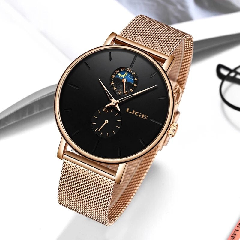 "LIGE Women'S Luxury Waterproof Watch - Stylish Stainless Steel Ultra-Thin Wristwatch for Fashionable Ladies - Quartz Movement for a Timeless Appeal"