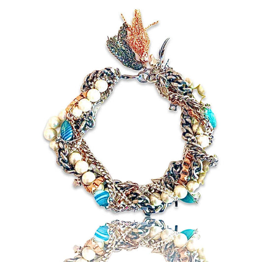 "Boho Chic Multi Strand Necklace: Blue Agate Stones, Crosses, Swarovski Crystals, and Charms"