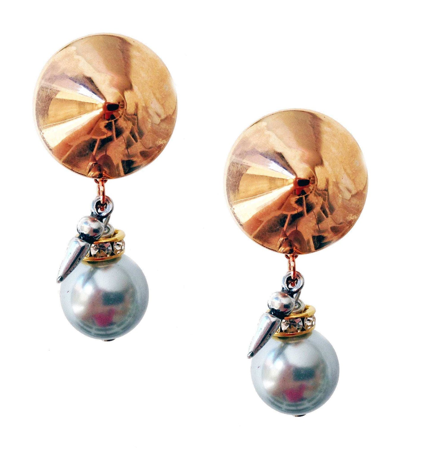 "Boho Chic Clip-On Earrings: Light Blue Pearls, Rhinestones, Brass, and Charms for Effortlessly Stylish Look!"