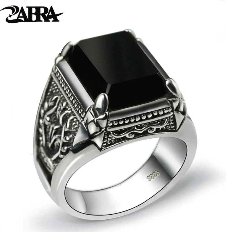 "Exquisite 925 Silver Black Zircon Ring - Elegant Unisex Thai Silver Jewelry with Engraved Flower Design and Synthetic Onyx"