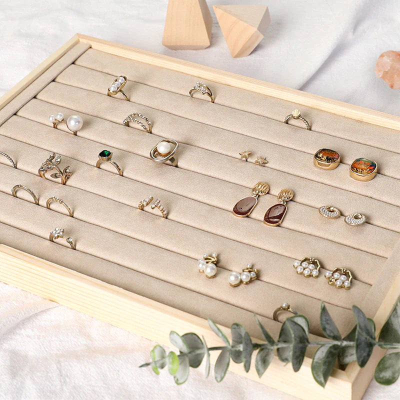 "Exquisite Wooden Velvet Jewelry Box - Elegant Green/Beige - Perfect Gift for Rings, Earrings, and Bracelets"