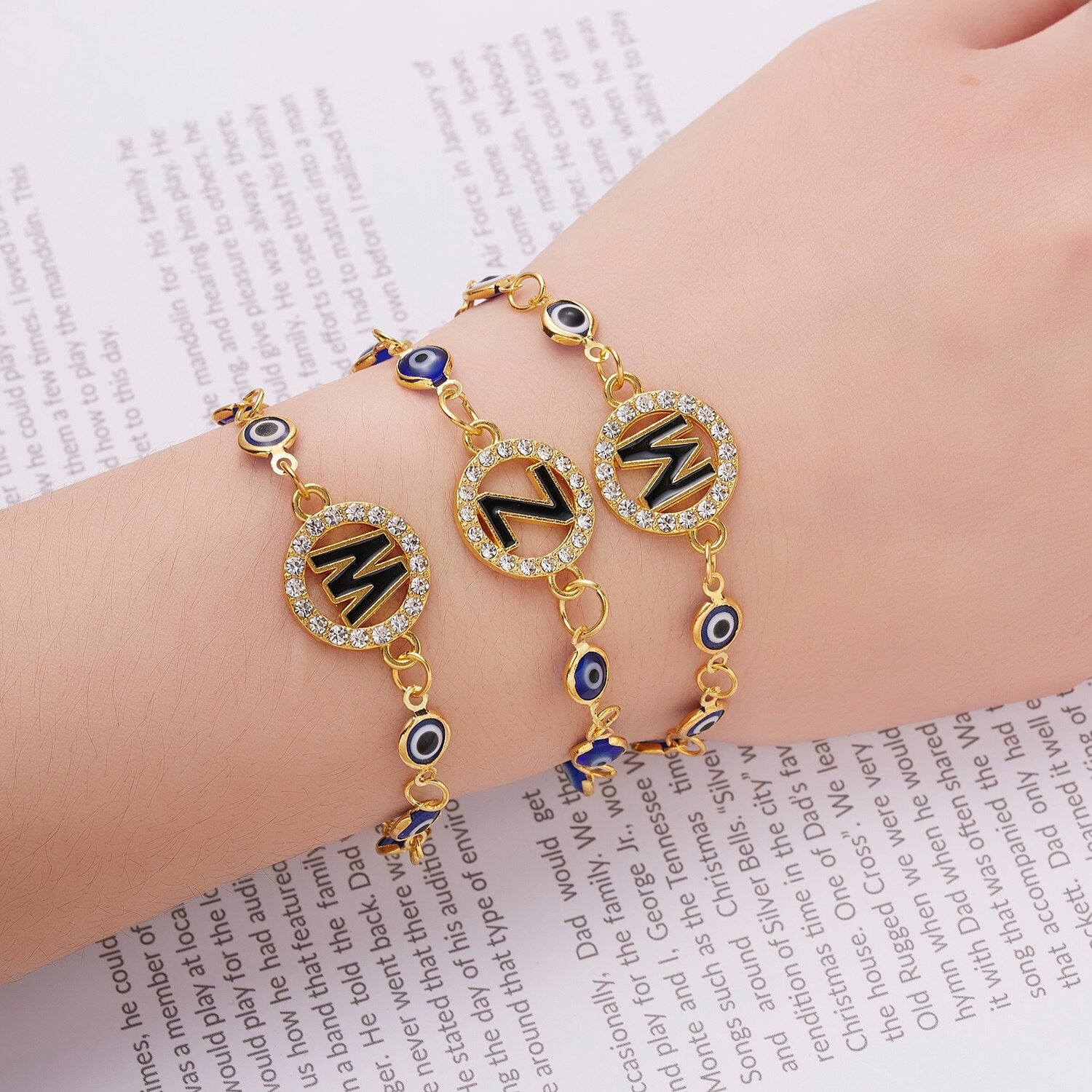 "Sparkling Alphabet Rhinestone Bracelet - Personalized Evil Eye Beads Chain Bracelet for Women, Perfect for Parties and Weddings!"