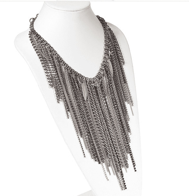 "Exquisite Chain Fringe Necklace with Antique Silver and Brass Chains, Studs, Rhinestone Crystals, and Charms - a Must-Have for Fashionistas!"