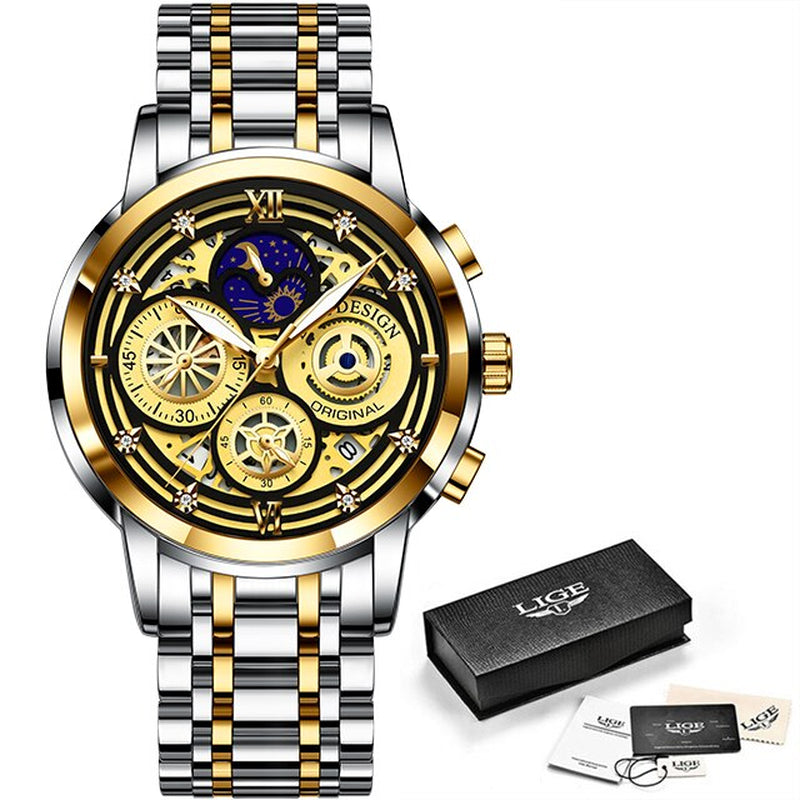 "Ultimate Luxury: LIGE Chronograph Men'S Stainless Steel Wristwatch - Waterproof, Hollow Design, Large Dial, Auto Date - Complete with Box!"