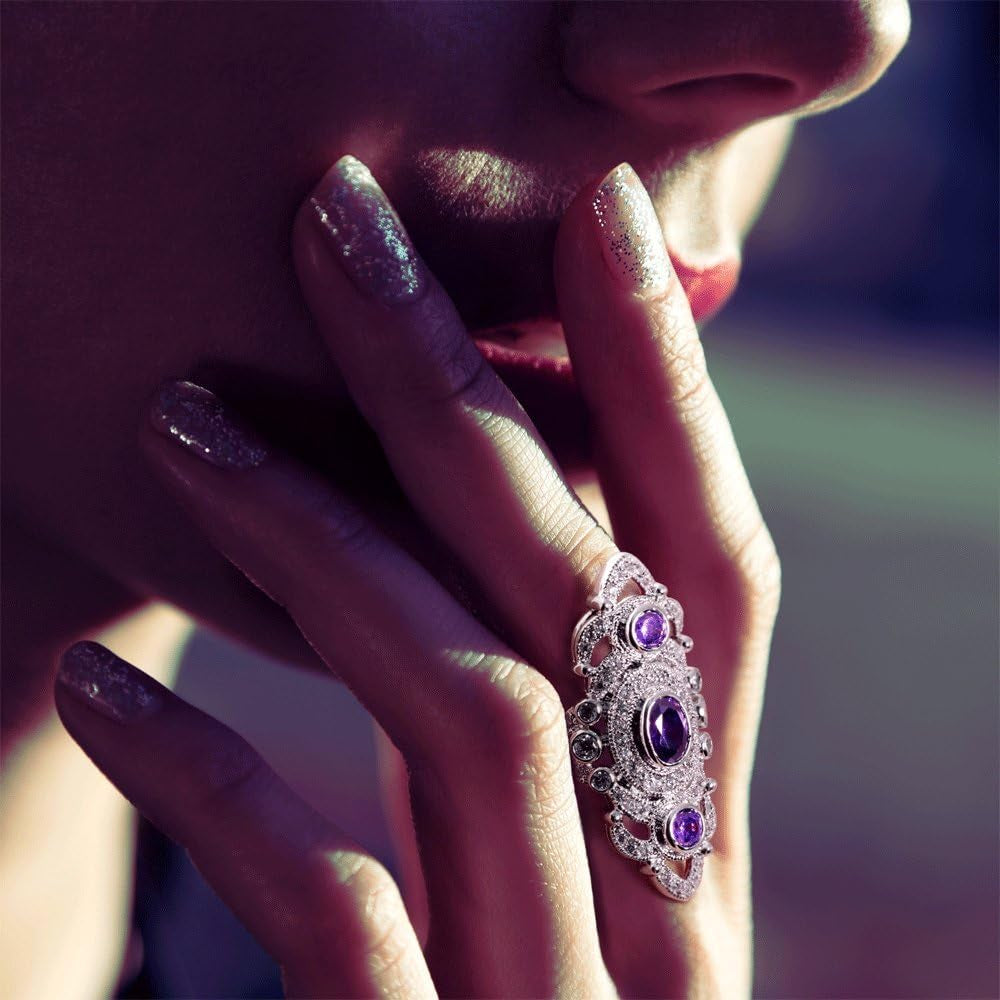 "Exquisite Vintage Filigree Purple CZ Armor Ring - a Bold Statement Piece with Simulated Amethyst & Silver Plated Brass"