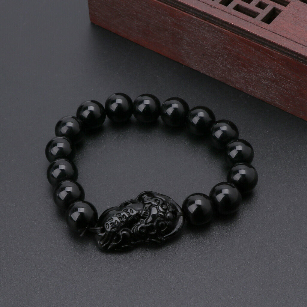 "Luxurious Natural Obsidian Stone Bracelet for Wealth and Good Luck - Chinese Feng Shui Pi Xiu Wristband in Gold Color - Perfect for Men and Women"