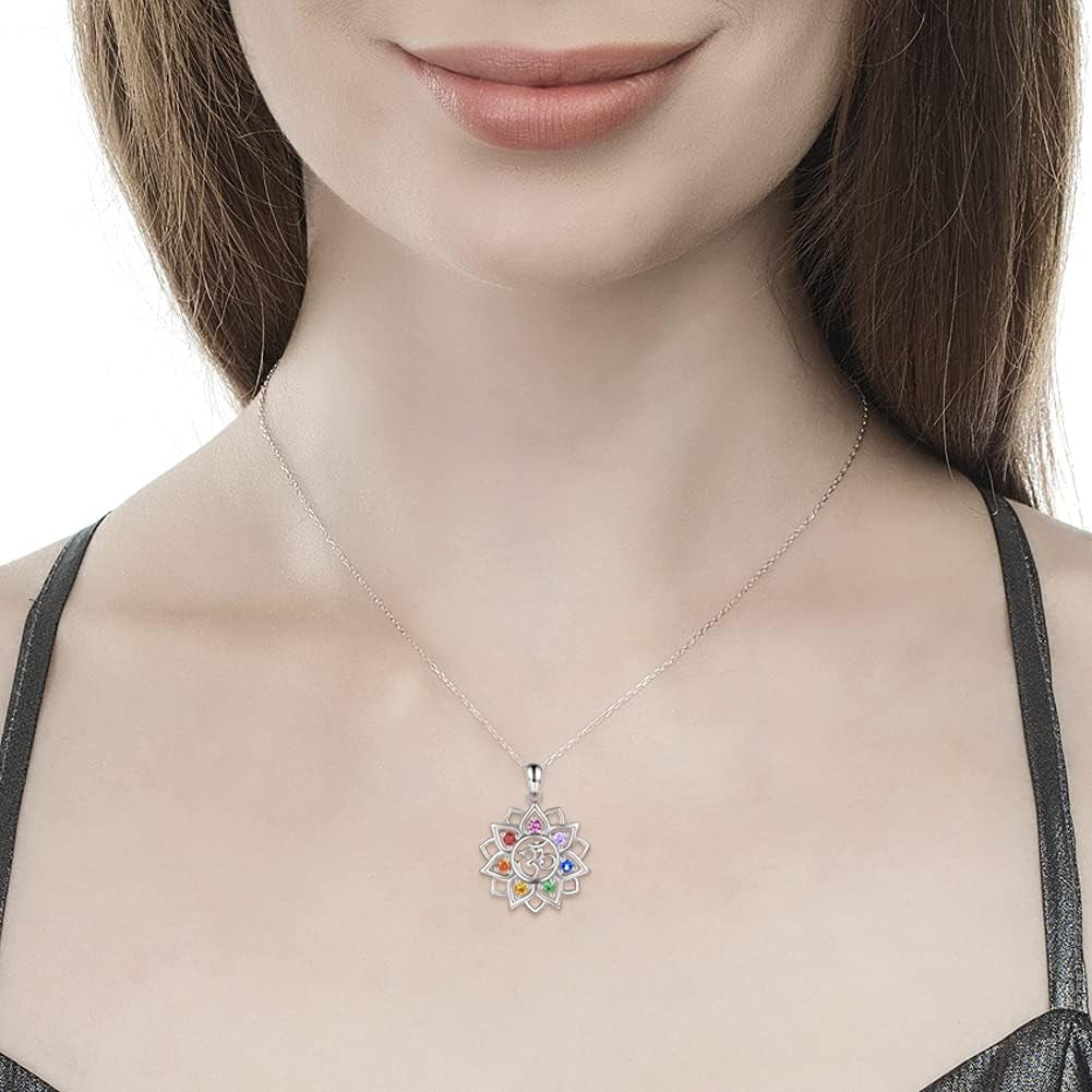 "Sacred Chakra Yoga Lotus Necklace: Sterling Silver Om Ohm Symbol Pendant with Crystal - Perfect Spiritual Jewelry Gift for Women and Girls"