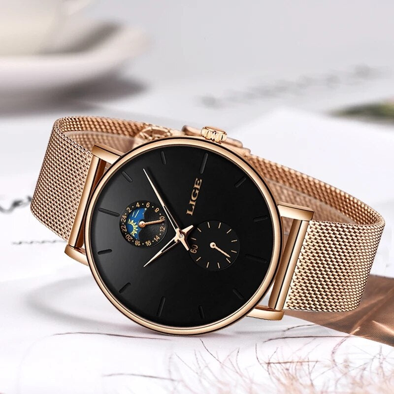 "LIGE Women'S Luxury Waterproof Watch - Stylish Stainless Steel Ultra-Thin Wristwatch for Fashionable Ladies - Quartz Movement for a Timeless Appeal"