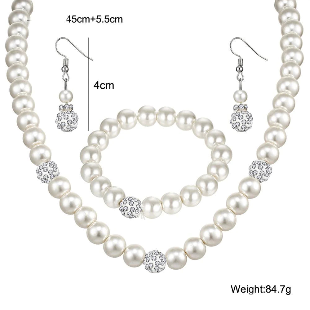 "Exquisite 3 Piece Pearl and Shamballa Jewelry Set with Crystals - Luxurious 18K White Gold Plated Set Inspired by ITALY Design"