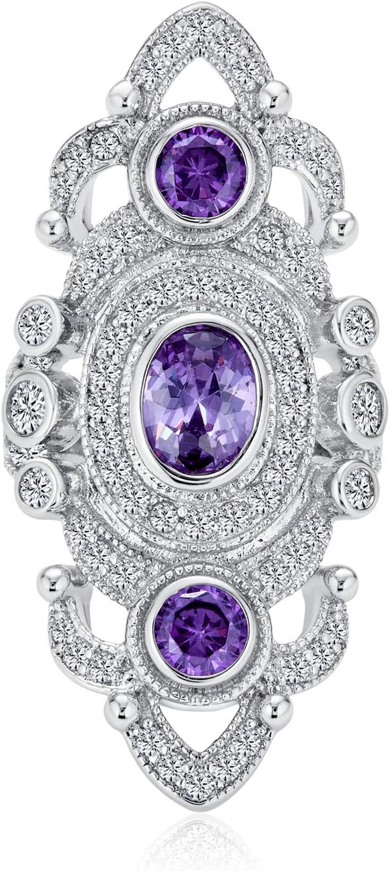 "Exquisite Vintage Filigree Purple CZ Armor Ring - a Bold Statement Piece with Simulated Amethyst & Silver Plated Brass"